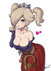 Rule 34 | 1girl, bare shoulders, blonde hair, blue eyes, breasts, cleavage, closed mouth, collarbone, corset, cosplay, crop top, crown, dragon quest, dragon quest viii, earrings, heart, highres, jessica albert, jessica albert (cosplay), jewelry, large breasts, leaning forward, lips, long skirt, long sleeves, mario (series), nintendo, red skirt, rosalina, simple background, skirt, smile, solo, standing, star (symbol), star earrings, toggy keiichi, twintails, whip, white background