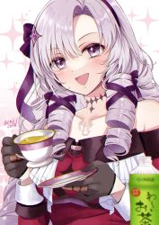 Rule 34 | 1girl, :d, bare shoulders, blush, bottle, brown gloves, chest tattoo, cup, dress, drill hair, gen (enji), gloves, hair between eyes, hair ornament, hair ribbon, highres, holding, holding cup, holding saucer, hyakumantenbara salome, hyakumantenbara salome (1st costume), long sleeves, nijisanji, official art, open mouth, purple eyes, purple hair, purple ribbon, red dress, ribbon, saucer, smile, solo, tattoo, tea, teacup, upper body, virtual youtuber