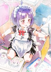 Rule 34 | 1girl, ahoge, apron, black dress, blush, bow, child, child&#039;s drawing, collared dress, commentary request, dress, gomennasai, holding, indoors, maid, maid apron, maid headdress, messy room, no shoes, original, outstretched arm, puffy short sleeves, puffy sleeves, purple hair, red bow, red eyes, short sleeves, sitting, smile, socks, solo, teeth, translation request, upper teeth only, wariza, white socks, wooden floor