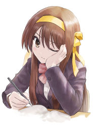 Rule 34 | 1girl, alternate costume, alternate hair length, alternate hairstyle, book, bow, bowtie, brown eyes, brown jacket, closed mouth, commentary request, hair between eyes, hair ribbon, hairband, hand on own face, highres, holding, holding pen, ishiyuki, jacket, kouyouen academy school uniform, long hair, long sleeves, looking at viewer, official alternate hair length, official alternate hairstyle, one eye closed, pen, pink bow, pink bowtie, ribbon, school uniform, shirt, simple background, solo, suzumiya haruhi, suzumiya haruhi no shoushitsu, suzumiya haruhi no yuuutsu, white background, white shirt, writing, yellow hairband, yellow ribbon