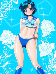 Rule 34 | 1girl, adapted costume, arm behind back, bishoujo senshi sailor moon, blue background, blue bow, blue eyes, blue footwear, blue hair, blue panties, blue sailor collar, blue theme, boots, bow, bra, brooch, choker, crotch, earrings, floral background, hand on own arm, jewelry, knee boots, matching hair/eyes, mizuno ami, navel, panties, ribbon, sailor collar, sailor mercury, sen (sansui), shiny skin, simple background, smile, solo, sparkle, standing, thigh gap, thighs, underwear, underwear only