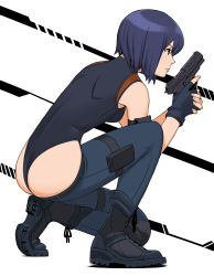 Rule 34 | 1girl, arm pouch, ass, black eyes, black gloves, black leotard, boots, breasts, combat boots, commentary request, fingerless gloves, fingernails, flat ass, from side, full body, ghost in the shell, ghost in the shell: sac 2045, gloves, gun, handgun, highleg, highleg leotard, highres, holding, holding gun, holding weapon, holster, knee pads, kusanagi motoko, leotard, lowleg, lowleg pants, on one knee, pants, pistol, purple hair, shigenobu, short hair, single knee pad, sleeveless, small breasts, solo, thigh holster, tomboy, trigger discipline, weapon