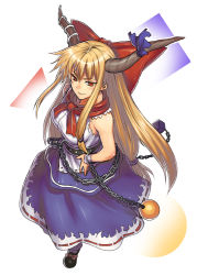 Rule 34 | 1girl, blonde hair, bow, breasts, chain, dress, female focus, from above, full body, hair bow, horns, ibuki suika, jonylaser, long hair, looking up, aged up, red eyes, solo, touhou, white background