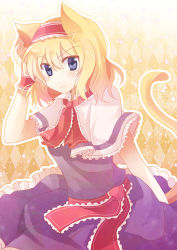 Rule 34 | 1girl, alice margatroid, animal ears, bad id, bad pixiv id, blonde hair, blue eyes, blush, cat ears, cat girl, cat tail, chocho (homelessfox), female focus, hairband, hand on own ear, hand on own ear, kemonomimi mode, looking at viewer, solo, tail, touhou