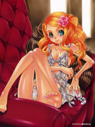 Rule 34 | 1girl, :q, ahoge, barefoot, blue eyes, blush, breasts, cameltoe, chair, chemise, crease, curly hair, feet, flat chest, flower, food, glass, hair flower, hair ornament, highres, ice cream, long hair, lying, messy, nail art, nail polish, no bra, no pants, on back, orange hair, panties, pillow, pink nails, reclining, sakuraniku umatarou, scan, sexually suggestive, side-tie panties, small breasts, soles, solo, spoon, strap slip, striped, suggestive fluid, thigh gap, thighs, toe scrunch, toenail polish, toenails, toes, tongue, tongue out, underwear, white panties, window
