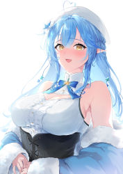 Rule 34 | 1girl, :d, absurdres, ahoge, bare shoulders, beret, black corset, blouse, blue bow, blue bowtie, blue coat, blue hair, blush, bow, bowtie, braid, breasts, center frills, cleavage, cleavage cutout, clothing cutout, coat, coat partially removed, colored tips, corset, elf, flower, frilled shirt, frills, fur-trimmed coat, fur trim, hair between eyes, hair flower, hair ornament, half updo, hat, heart, heart ahoge, highres, hololive, large breasts, long hair, looking at viewer, multicolored hair, open mouth, pointy ears, shirt, simple background, sleeveless, sleeveless shirt, smile, snowflake hair ornament, solo, streaked hair, sutaa, underbust, upper body, virtual youtuber, white background, white hat, white shirt, yellow eyes, yukihana lamy