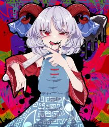 Rule 34 | 1girl, black nails, blood, blood splatter, english text, highres, horns, looking at viewer, multicolored background, nail polish, off shoulder, red eyes, sharp teeth, solo, spoon, teeth, tongue, tongue out, touhou, toutetsu yuuma, uneven eyes, yami nabe