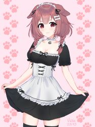 Rule 34 | 1girl, :3, alternate costume, animal ears, artist name, black thighhighs, bone hair ornament, breasts, brown eyes, brown hair, cleavage, commentary, cowboy shot, dog ears, english commentary, enmaided, hair ornament, highres, hololive, inugami korone, long hair, looking at viewer, maid, maid headdress, medium breasts, paw print, paw print background, pink background, short sleeves, simple background, skirt hold, smile, solo, thighhighs, twintails, vickie (cryingrobot), virtual youtuber