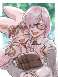 Rule 34 | 2girls, absurdres, amami tokko, bag, baggy clothes, black-framed eyewear, blush, commentary request, double v, dress, closed eyes, fate/grand order, fate (series), glasses, grey jacket, habetrot (fate), hair over one eye, happy, hat, highres, holding, holding person, hood, hood down, hooded jacket, hug, hug from behind, jacket, light purple hair, long hair, long sleeves, mash kyrielight, multiple girls, necktie, one eye covered, open clothes, open jacket, open mouth, pink dress, pink hair, pink headwear, pointy ears, red neckwear, satchel, short hair, sidelocks, size difference, smile, teeth, upper body, upper teeth only, v