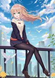 Rule 34 | 1girl, :d, absurdres, between legs, bird, black jacket, black pantyhose, black skirt, blonde hair, blue sky, cloud, collared shirt, dove, falling leaves, floating hair, green eyes, gridman universe, highres, hokori sakuni, jacket, leaf, loafers, long hair, long sleeves, looking at viewer, minami yume, miniskirt, off shoulder, open clothes, open jacket, open mouth, outdoors, pantyhose, pleated skirt, railing, shirt, shoes, sitting, skirt, sky, smile, solo, ssss.dynazenon, white shirt, wind