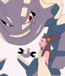 Rule 34 | 1girl, :d, bare arms, bow, brown eyes, brown hair, commentary request, creatures (company), dress, eyelashes, from side, game freak, gen 1 pokemon, gen 2 pokemon, hair behind ear, hair bobbles, hair ornament, highres, jasmine (pokemon), long hair, looking up, magnemite, nintendo, open mouth, pokemon, pokemon (creature), pokemon gsc, sleeveless, sleeveless dress, smile, steelix, two side up, tyako 089, white bow, white dress