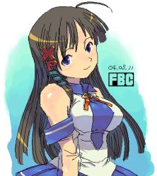 Rule 34 | 1girl, ahoge, aqua background, black hair, blue eyes, blue skirt, blush, breasts, character name, dated, detached sleeves, from side, gradient background, hair ornament, hair ribbon, head tilt, light smile, long hair, looking at viewer, lowres, oekaki, os-tan, parted bangs, pleated skirt, ribbon, see-through, sidelocks, sketch, skirt, smile, solo, tress ribbon, upper body, very long hair, wing collar, xp-tan