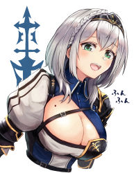 Rule 34 | 1girl, armor, belt, belt buckle, black armor, blue collar, braid, breastplate, breasts, buckle, buttons, circlet, cleavage, cleavage cutout, clothing cutout, collar, gold trim, green eyes, hololive, large breasts, looking at viewer, medium hair, mole, mole on breast, moppo, open mouth, shirogane noel, shirogane noel (1st costume), shoulder armor, solo, teeth, tongue, upper body, virtual youtuber, white background, white hair