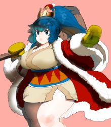 Rule 34 | 1girl, adapted costume, blue eyes, blue hair, breasts, brown dress, brown gloves, cleavage, coat, curvy, dress, eyeshadow, fur trim, gloves, hair between eyes, hammer, hat, hip focus, huge breasts, king dedede, kirby, kirby (series), knee up, leather, leather gloves, legs, long hair, long sleeves, makeup, mario (series), new super mario bros. u deluxe, nintendo, open hand, outstretched arm, over shoulder, oversized object, parted lips, pink background, pink lips, plump, ponytail, red coat, santa hat, sash, scowl, shiny skin, side slit, sidelocks, simple background, solo, stomach, strapless, strapless dress, super crown, tetuhei, thick lips, thick thighs, thighs, tsurime, wide hips, wide sleeves