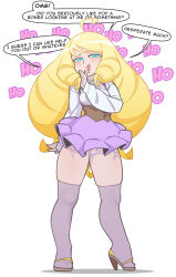 Rule 34 | 1girl, ahoge, aqua eyes, arm at side, big hair, blonde hair, blue eyes, blush, breasts, brown vest, commentary, drill hair, english commentary, english text, eyeshadow, fang, full body, grey thighhighs, hand to own mouth, high-waist skirt, high heels, highres, huge ahoge, laughing, long hair, makeup, micro panties, ojou-sama pose, original, over-kneehighs, panties, pantyshot, pink skirt, quad drills, shirt, side-tie panties, skirt, small breasts, smug, solo, speech bubble, standing, the pink pirate, thighhighs, underwear, vest, white shirt