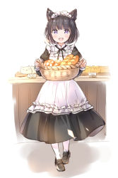 Rule 34 | 1girl, :d, animal ear fluff, animal ears, apron, baguette, bakery, basket, black dress, black footwear, black hair, blush, bread, cat ears, commentary request, dress, fang, food, frilled apron, frills, hands up, holding, holding basket, juliet sleeves, komugi (wataame27), loafers, long sleeves, looking at viewer, maid headdress, open mouth, original, pantyhose, puffy sleeves, purple eyes, shoes, shop, sign, smile, solo, standing, tray, wataame27, white apron, white pantyhose