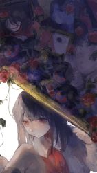 Rule 34 | 1girl, absurdres, ascot, black socks, blue flower, blue rose, brown hair, closed mouth, collared shirt, doll (ib), expressionless, flower, highres, ib (ib), ib (kouri), kneehighs, lady in red (ib), long hair, long sleeves, looking up, picture frame, red ascot, red eyes, rose, shirt, socks, solo, straight hair, urimoto, white shirt, yellow flower, yellow rose