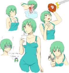 Rule 34 | 1boy, 1girl, ?, absurdres, baseball, baseball glove, between breasts, blush, breasts, brown eyes, cleavage, cowboy shot, cup, drinking, drinking straw, foo fighters (jojo), green hair, heart, highres, holding, holding cup, jenny851016, jojo no kimyou na bouken, medium breasts, multiple views, narciso anasui, short hair, simple background, stone ocean, sweat, tongue, tongue out, white background
