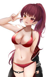 Rule 34 | 1girl, bare shoulders, bikini, black jacket, blush, breasts, cleavage, cowboy shot, earrings, gold earrings, hand up, heart, heart earrings, heterochromia, hololive, houshou marine, houshou marine (summer), jacket, jewelry, large breasts, long hair, mujinbensin, navel, o-ring, o-ring thigh strap, off shoulder, open mouth, ponytail, red bikini, red eyes, red hair, simple background, smile, solo, stomach, swimsuit, thigh strap, v, very long hair, virtual youtuber, white background, yellow eyes