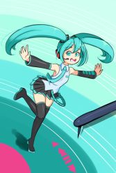 Rule 34 | 1girl, black footwear, black skirt, blue eyes, blue hair, blue necktie, boots, breast pocket, detached sleeves, drantyno, grey shirt, hair ornament, hatsune miku, headset, highres, long hair, long sleeves, looking at viewer, necktie, open mouth, outstretched arms, phonograph, pocket, record, running, shirt, skirt, sleeveless, sleeveless shirt, smile, teeth, thigh boots, twintails, vocaloid