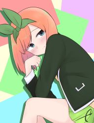 Rule 34 | 1girl, black jacket, blue eyes, blush, closed mouth, commentary request, eyebrows hidden by hair, feet out of frame, from side, go-toubun no hanayome, green ribbon, green skirt, hair ribbon, hand up, highres, jacket, kujou karasuma, long sleeves, looking at viewer, looking to the side, nakano yotsuba, open clothes, open jacket, orange hair, pleated skirt, ribbon, signature, sitting, skirt, smile, solo, sweater vest