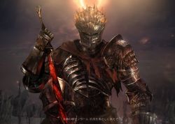 Rule 34 | 1other, arm at side, armor, breastplate, capelet, dark, dark souls (series), dark souls iii, eclipse, facing viewer, field of blades, gauntlets, glowing, glowing sword, glowing weapon, hand on hilt, hand up, helmet, knee up, mono (jdaj), moon, outdoors, pauldrons, planted, planted sword, planted weapon, plate armor, red capelet, shoulder armor, sitting, solar eclipse, solo, soul of cinder, sun, sword, translation request, upper body, weapon