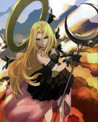 Rule 34 | 1girl, bare shoulders, black dress, blonde hair, blue eyes, cleavage cutout, clothing cutout, dress, gloves, halo, highres, holding, holding staff, iseria queen, long hair, looking at viewer, skirt, smile, solo, staff, star ocean, wings