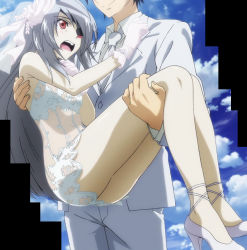 Rule 34 | 10s, 1boy, 1girl, bridal veil, carrying, dress, eyepatch, flustered, gloves, high heels, highres, infinite stratos, laura bodewig, long hair, open mouth, orimura ichika, princess carry, red eyes, screencap, silver hair, stitched, surprised, tagme, third-party edit, veil, wedding dress, white gloves, wide-eyed
