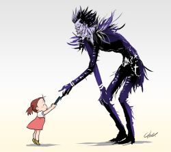 Rule 34 | 1boy, 1girl, black hair, brown hair, child, closed mouth, crossover, death note, death note (object), dress, studio ghibli, kusakabe mei, ryuk, shinigami, short hair, short twintails, simple background, smile, studio ghibli, tonari no totoro, twintails, umeno ryuuji