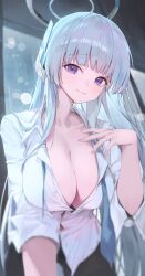 Rule 34 | 1girl, black pants, blue archive, blurry, blush, breasts, cleavage, collarbone, gnns, grey hair, hali, highres, indoors, large breasts, light smile, long hair, looking at viewer, necktie, noa (blue archive), open collar, pants, purple eyes, rain, shirt, solo, straight hair, undone necktie, very long hair, white shirt
