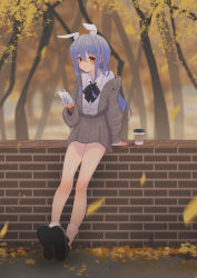 Rule 34 | 1girl, absurdres, animal ears, autumn leaves, black bow, black bowtie, black footwear, blush, bow, bowtie, brick wall, brown jacket, collared shirt, commentary request, cup, dark-skinned female, dark skin, disposable cup, extra ears, full body, highres, holding, holding phone, hololive, jacket, leaf, long sleeves, looking at viewer, off shoulder, parted lips, phone, phone with ears, rabbit ears, red eyes, shirt, shoes, socks, solo, thick eyebrows, tree, usada pekora, virtual youtuber, white socks, yoruillust