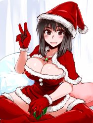 Rule 34 | 00s, 1girl, :d, black hair, box, breasts, brown eyes, bursting breasts, capelet, cleavage, convenient censoring, cosaten, gift, gift box, hat, indian style, large breasts, miniskirt, open mouth, red thighhighs, santa hat, school rumble, sitting, skirt, smile, solo, strapless, suou mikoto (school rumble), thighhighs, tube top, v