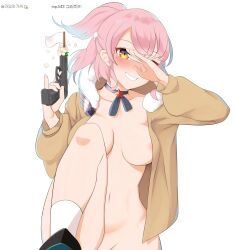 Rule 34 | 1girl, absurdres, areola slip, blush, bottomless, breasts, brown jacket, choker, collarbone, covering one eye, dallim, flag, flower, flower in gun, girls&#039; frontline, groin, gun, hand up, handgun, highres, holding, holding gun, holding weapon, jacket, korean text, leg up, looking at viewer, medium breasts, medium hair, mole, mole under eye, mp-443 (girls&#039; frontline), mp-443 grach, naked jacket, navel, open clothes, open jacket, orange eyes, out-of-frame censoring, pink hair, ponytail, ribbon, shoe soles, shoes, simple background, smile, socks, solo, stomach, teeth, translation request, weapon, white background, white flag, white socks