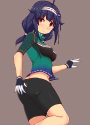 Rule 34 | 10s, 1girl, adapted costume, ass, bike jersey, bike shorts, black shorts, butt crack, from behind, gloves, green shirt, hairband, hakuhou (ende der welt), highres, kantai collection, long hair, looking at viewer, looking back, low twintails, purple hair, red eyes, ryuuhou (kancolle), shirt, shorts, smile, standing, standing on one leg, taigei (kancolle), twintails