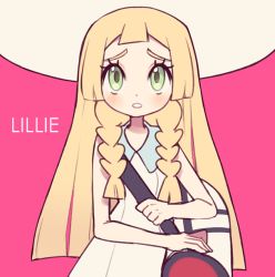 Rule 34 | 1girl, aliceyawnin, bad id, bad tumblr id, bag, blonde hair, braid, character name, commentary, creatures (company), english commentary, eyelashes, game freak, green eyes, lillie (pokemon), long hair, nintendo, pokemon, pokemon sm, purple background, simple background, solo, twin braids, upper body