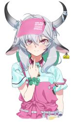 Rule 34 | 1girl, angrygentle, animal ears, apron, aqua shirt, bell, blush, collar, cow ears, cow girl, cow horns, grey hair, highres, horns, indie virtual youtuber, long hair, looking at viewer, middle finger, neck bell, pink apron, pink eyes, ribbon, shirt, solo, upper body, uyoo clover, virtual youtuber