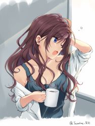Rule 34 | 1girl, blue eyes, brown hair, collarbone, cup, dress shirt, earrings, grey shirt, hand on own head, holding, holding cup, ichinose shiki, idolmaster, idolmaster cinderella girls, jewelry, long hair, off shoulder, one eye closed, open clothes, open mouth, open shirt, shirt, sleeveless, sleeveless shirt, solo, tarachine, tears, twitter username, upper body, very long hair, white shirt
