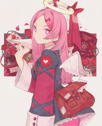 Rule 34 | 1girl, bag, bow, breasts, closed mouth, dress, earrings, envelope, flower, fujie-yz, hair ornament, hairclip, halo, heart, heart-shaped pupils, heart earrings, highres, jewelry, long hair, long sleeves, original, paper airplane, phone, pink eyes, pink hair, pink legwear, plant, red bow, red flower, red rose, rose, solo, symbol-shaped pupils, upper body, vines, wide sleeves, wings