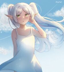 Rule 34 | 1girl, absurdres, aivytori, commentary, day, dress, frieren, green eyes, hand up, highres, long hair, looking to the side, outdoors, parted lips, pointy ears, sky, sleeveless, sleeveless dress, solo, sousou no frieren, twintails, white hair, wind
