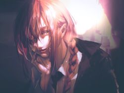 Rule 34 | 101neg, 1girl, black jacket, black suit, braid, brown eyes, brown hair, chainsaw man, collared shirt, formal, hand on own face, highres, jacket, lips, lipstick, long hair, long sleeves, looking at viewer, makeup, makima (chainsaw man), necktie, ponytail, shirt, sleeves past elbows, smile, solo, suit, unusual pupils, white shirt