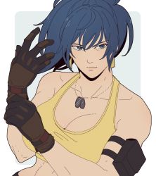Rule 34 | 1girl, adjusting clothes, adjusting gloves, armlet, bare shoulders, blue eyes, blue hair, breasts, cleavage, dog tags, earrings, female focus, gloves, hanpetos, jewelry, large breasts, leona heidern, matching hair/eyes, pocket, ponytail, solo, tank top, the king of fighters, the king of fighters xv, triangle earrings, yellow tank top