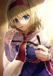 Rule 34 | 1girl, akane hazuki, alice margatroid, belt, blonde hair, blue dress, blue eyes, blurry, blurry background, capelet, dress, eating, food, hair between eyes, hairband, highres, holding, holding food, light particles, long sleeves, looking at viewer, medium hair, open mouth, pocky day, red belt, red hairband, red neckwear, solo, standing, touhou, white capelet, white sleeves