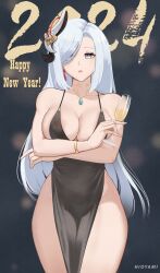 Rule 34 | 1girl, 2024, absurdres, aqua eyes, areola slip, artist name, bare arms, bare shoulders, black dress, bracelet, breasts, champagne flute, commentary, cowboy shot, cup, dress, drinking glass, genshin impact, hair ornament, happy new year, highres, hioyami, holding, holding cup, jewelry, large breasts, long hair, new year, pelvic curtain, pendant, shenhe (genshin impact), sleeveless, sleeveless dress, solo, standing, thighs, very long hair, white hair