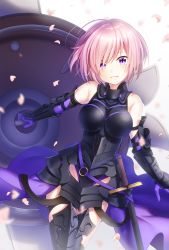 Rule 34 | 1girl, armor, armored dress, bad id, bad pixiv id, bare shoulders, black leotard, blurry, blush, breasts, cowboy shot, depth of field, dress, elbow gloves, fate/grand order, fate (series), gloves, greaves, hair over one eye, highres, holding, holding shield, ichiren namiro, leotard, light purple hair, looking at viewer, mash kyrielight, medium breasts, parted lips, petals, purple dress, purple eyes, revision, sheath, sheathed, shield, short hair, smile, solo, sword, teeth, vambraces, weapon