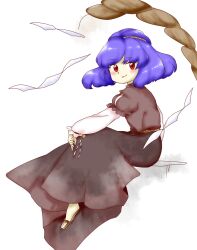 Rule 34 | 1girl, black skirt, blue hair, brown footwear, closed mouth, from side, grey shirt, long sleeves, nonamejd, official style, puffy sleeves, red eyes, rope, sandals, shide, shimenawa, shirt, short hair, simple background, sitting, skirt, smile, solo, touhou, white background, yasaka kanako, zun (style)