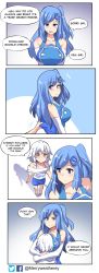 Rule 34 | 2girls, 4koma, absurdres, blue eyes, blue gloves, blue hair, breasts, comic, elbow gloves, english text, gloves, hair ornament, hairclip, hairpin, height difference, highres, hug, internet explorer, large breasts, long hair, microsoft bing, microsoft windows, multiple girls, one side up, orange eyes, os-tan, osiimi, pigeon-toed, short hair, shorts, stitched, third-party edit, twitter username, white gloves, white hair