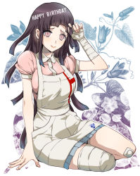Rule 34 | 1girl, apron, arm support, bandaged hand, bandaged leg, bandages, bandaid, bandaid on knee, bandaid on leg, blue background, blue skirt, breasts, collared shirt, danganronpa (series), danganronpa 2: goodbye despair, dosugon, hand up, happy birthday, large breasts, long hair, mole, mole under eye, pink shirt, pleated skirt, puffy short sleeves, puffy sleeves, shirt, short sleeves, sitting, skirt, tsumiki mikan, white background