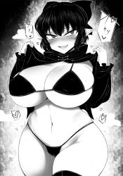 Rule 34 | 1girl, :d, bikini, blush, bow, breasts, cape, cape tug, cleavage, cowboy shot, fang, greyscale, hair bow, hands up, haseru (ginku mh), heart, high collar, holding, holding cape, holding clothes, huge breasts, long sleeves, looking at viewer, monochrome, navel, nose blush, open mouth, pointy ears, puffy long sleeves, puffy sleeves, pussy juice, sekibanki, short hair, simple background, skin fang, skindentation, smile, solo, swimsuit, thick thighs, thighhighs, thighs, touhou, tsurime