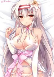 Rule 34 | 1girl, babydoll, bare shoulders, bed sheet, blush, breasts, cameltoe, choker, cleavage, collarbone, flower, garter belt, hair flower, hair ornament, hand up, headband, heart, ichiyou moka, kantai collection, large breasts, light censor, lingerie, long hair, looking at viewer, lying, navel, on back, orange eyes, panties, parted lips, ribbon choker, shoukaku (kancolle), silver hair, solo, stomach, twitter username, underwear, upper body, very long hair, white flower, white panties