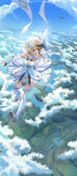 Rule 34 | 1girl, absurdres, bare shoulders, blonde hair, blue sky, blush, breasts, cleavage, detached sleeves, dress, feather hair ornament, feathers, flower, genshin impact, hair flower, hair ornament, highres, large breasts, lumine (genshin impact), medium hair, open mouth, scarf, sidelocks, silvertsuki, sky, smile, thighhighs, white dress, white scarf, white thighhighs, yellow eyes